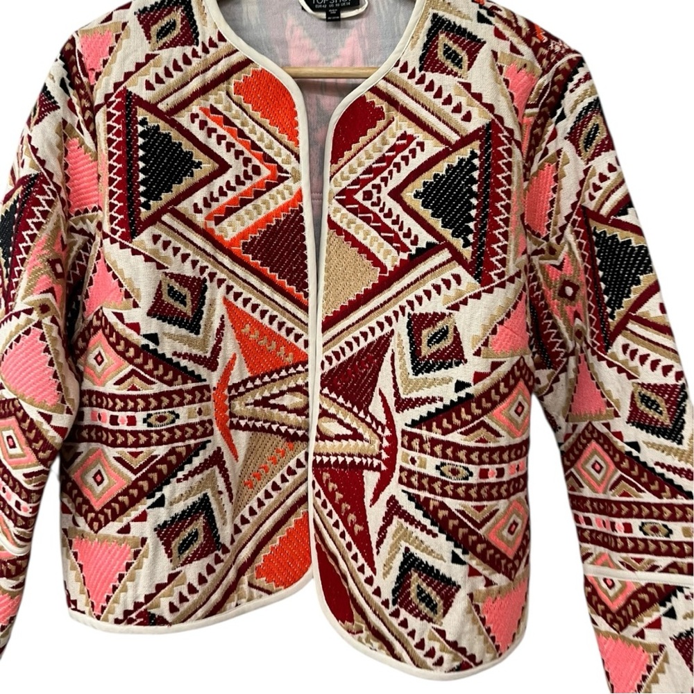 Topshop Embroidered Jacquard Aztec Blazer Jacket US 10 Pink Red Cream Blue - Picture 5 of 8